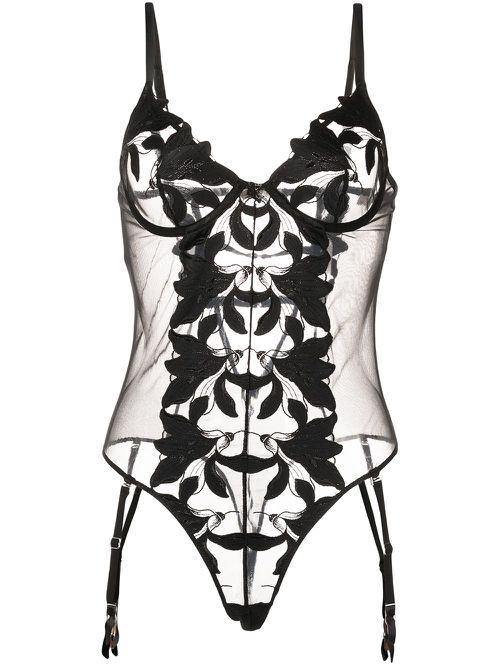 Lily satin embroidered bodysuit - Black