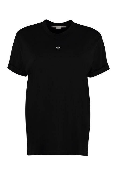 Embroidered Star Detail Cuffed Sleeve Cotton T-Shirt