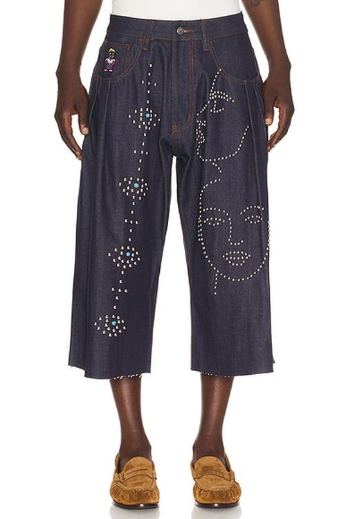 KidSuper Studded Face Plated Long Shorts in Undone Denim - Blue. L also in M, XL/1X