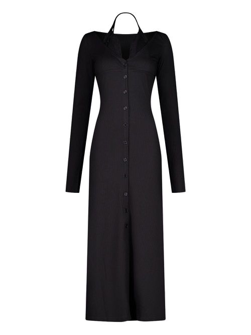 Ribbed long-sleeve button-down maxi dress - Black
