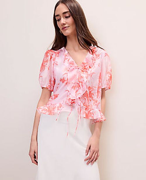 Ann Taylor Floral Ruffle Trim Blouse