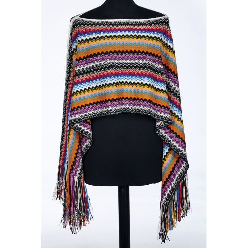 Geometric Knit Fringe Poncho — Multicolor
