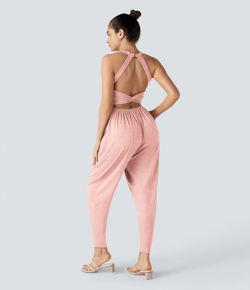 U Neck Pocket Harem Casual Jumpsuit-Easy Peezy Edition  - Creole Pink Floral Yarn