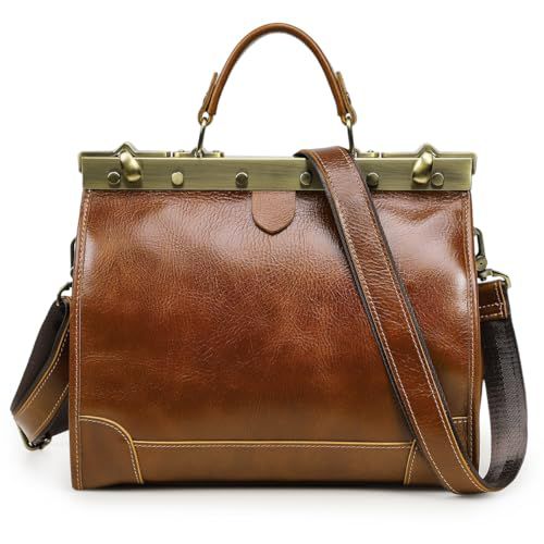 CONTACTS Full Grain Leather Doctor Bag Purse for Women Top Handle Handbag Vintage Satchel Shoulder Bag Tote Bag with Metal Clasp Frame