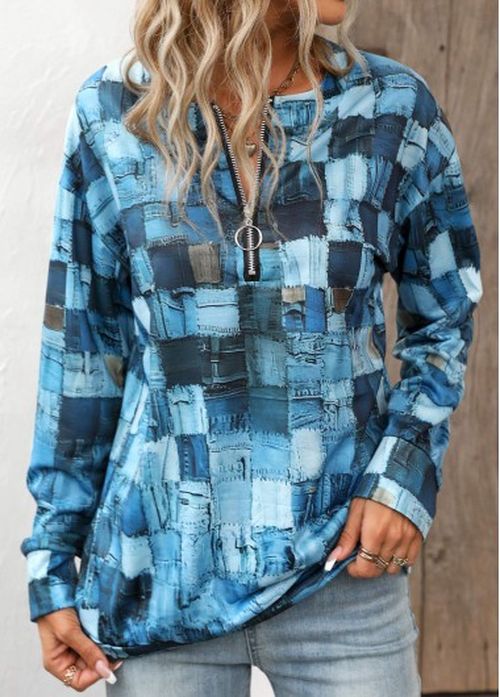 Modlily Denim Blue Zipper Geometric Print Long Sleeve Sweatshirt