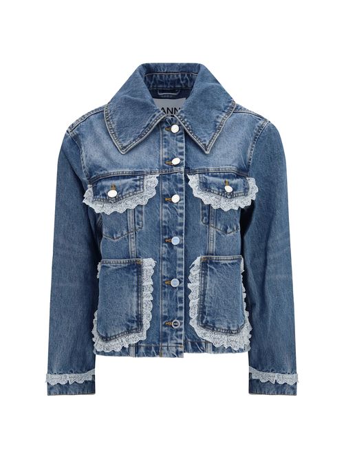 Lace-Trimmed Rigid Denim Jacket — Blue