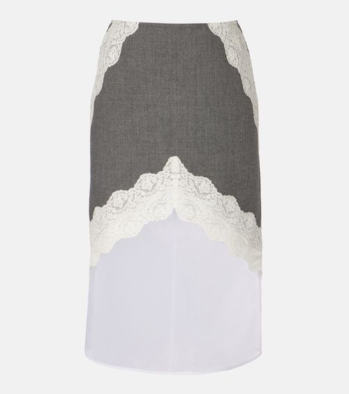 Lace-trimmed wool midi skirt