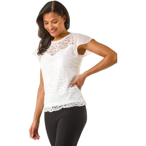 Roman Women's Chiffon Sleeve Floral Lace Top in Ivory