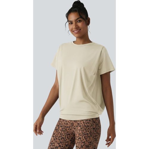 Halara Round Neck Short Sleeve Ruched Cool Touch Yoga Sports Top-UPF50+ - Almond Milk