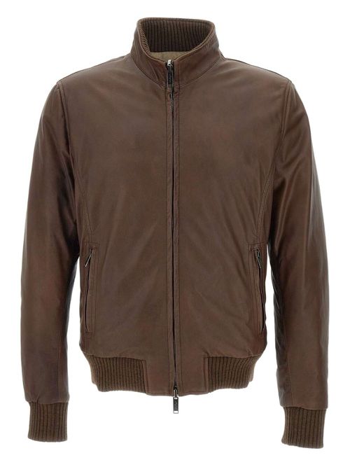 Ribbed-cuff leather jacket - Brown
