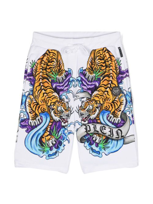 Tiger-print track shorts - White