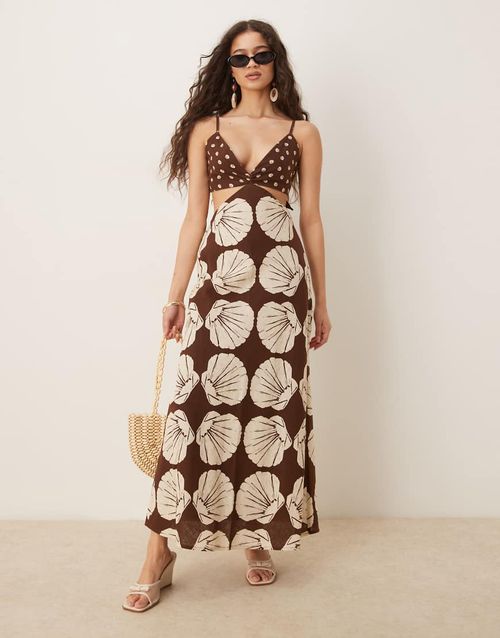 Spaghetti straps cutout slip linen blend maxi dress in brown print