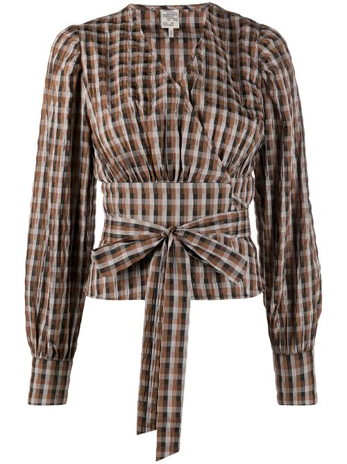 Gingham-print wrap blouse - Brown