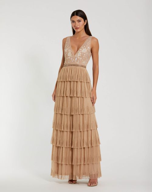 Beige Beaded Mesh V Neck Wedding Guest Maxi Gown with Tiered Ruffles Sand