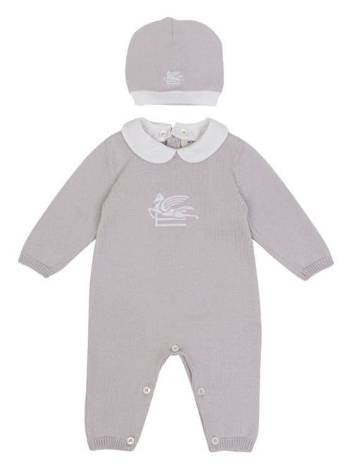 Pegaso-embroidered knitted romper set - Neutrals