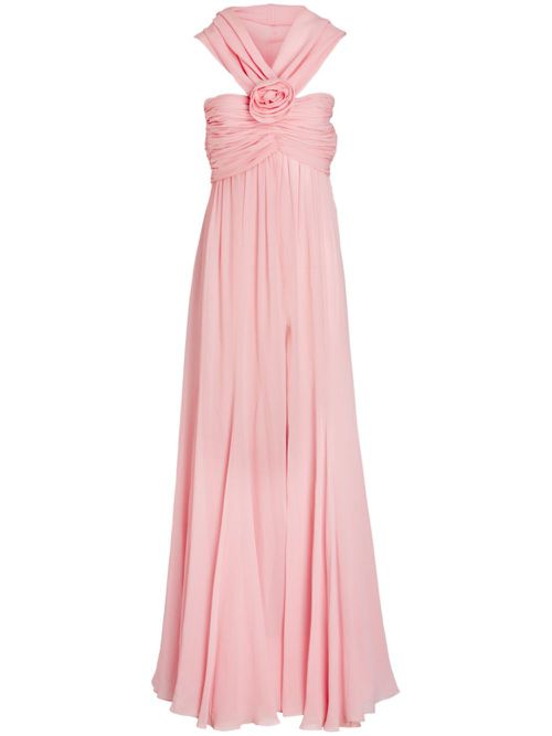 Hooded floral-appliqué silk gown - Pink