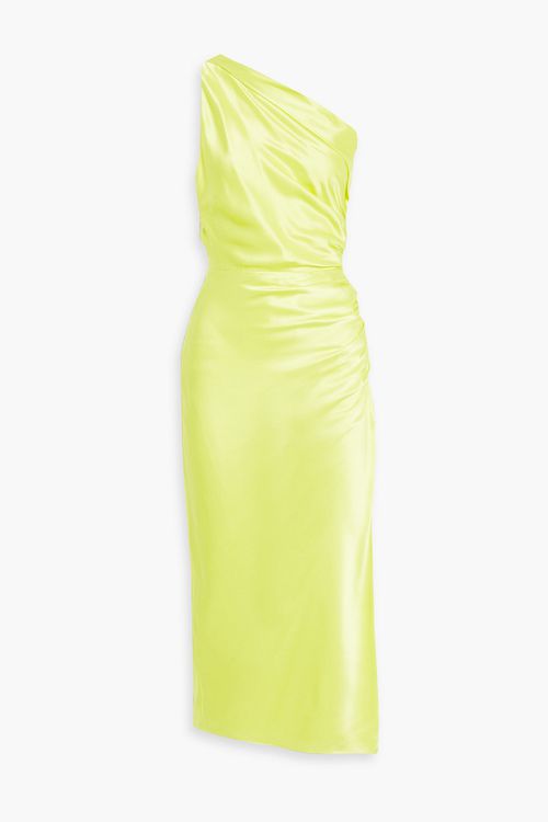 Michelle Mason - Gerafftes Midikleid aus Seidensatin mit asymmetrischer Schulterpartie - Gelb - US 12