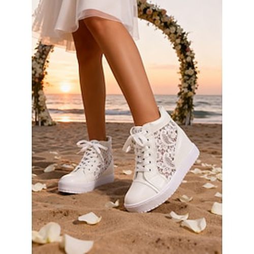 Women's White Lace High-Top Bridal Sneakers with Hidden Wedge, Comfortable Wedding Shoes for Brides, Perfect for Beach Ceremonies Seaside Honeymoon Wear