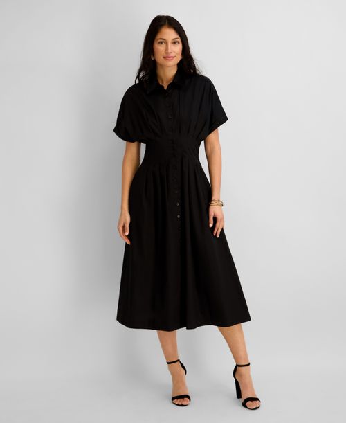 Women's Button-Front Cinched Waist Cotton Midi Shirt Dress - BLACK
