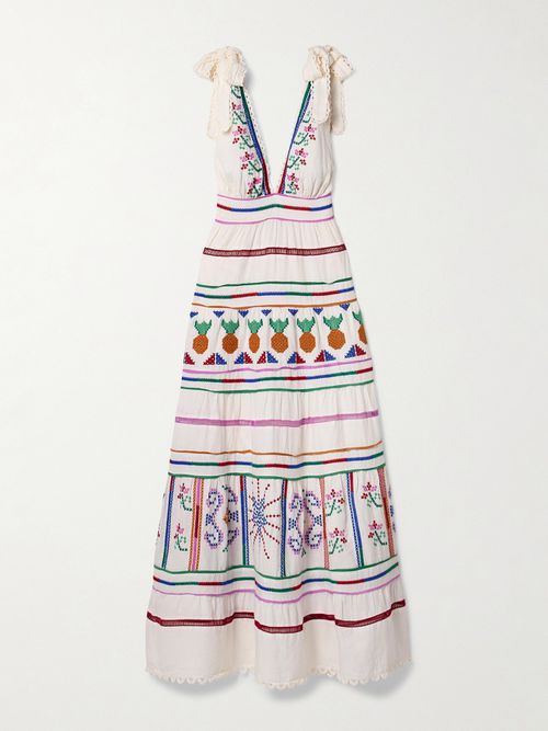 Embroidered Tiered Linen-blend Maxi Dress - Off-white