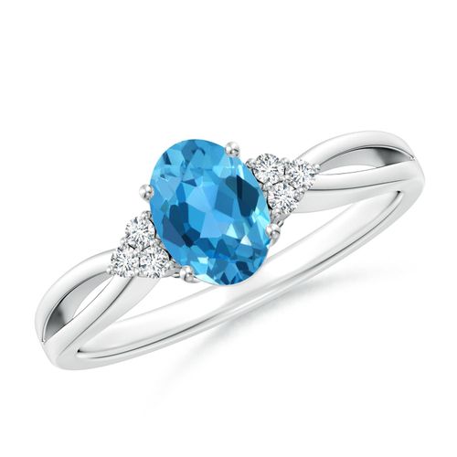 Angara 0.95 Carat Oval Swiss Blue Topaz Split Shank Ring with Trio Diamonds in Platinum