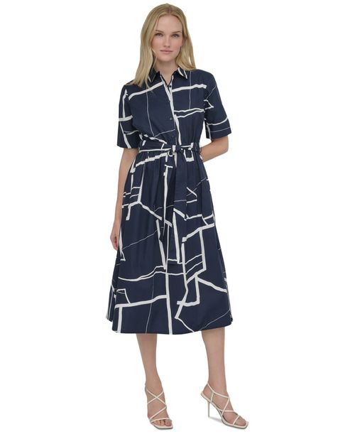 Women's Printed Cotton Shirt Dress - Navy/Cream