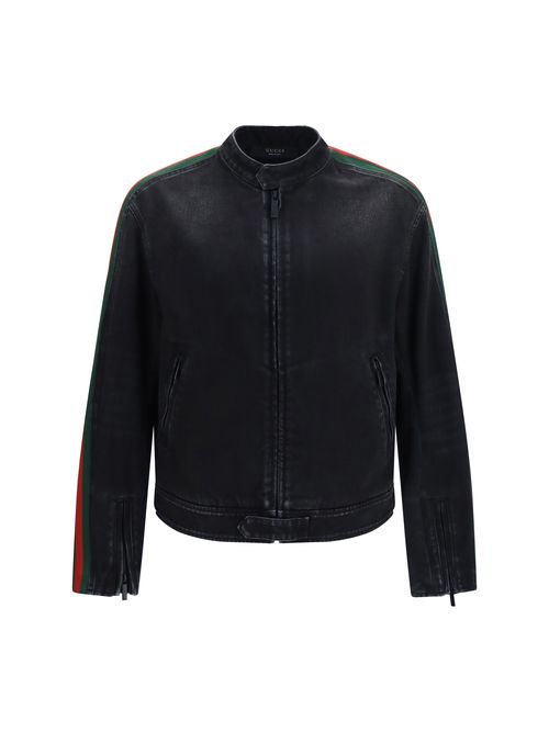 Web Stripe Denim Biker Jacket — Black