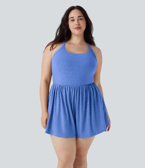 2-in-1 Plus Size Romper with Pockets-Easy Peezy Edition  - Sky Blue Floral Yarn
