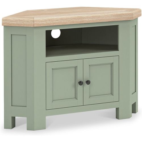 Penzance 2 Door Corner TV Unit | Grey / Sage Green | Roseland