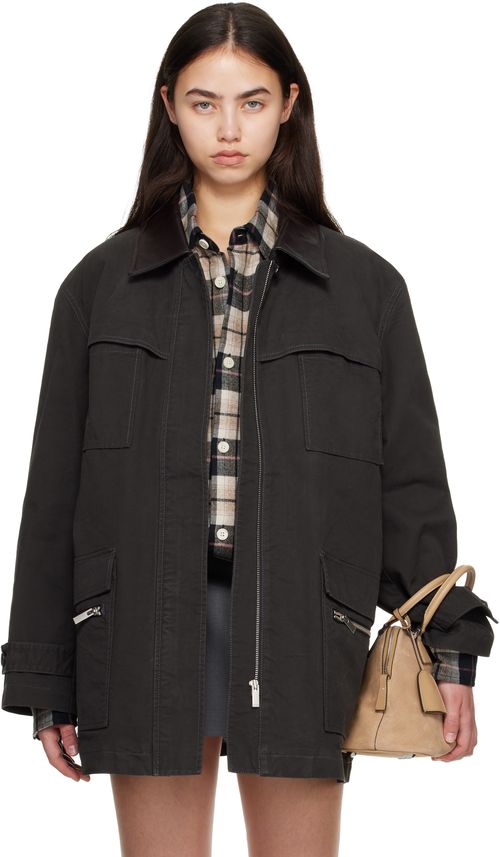 Black Leather-Collar Multi-Pockets Distressed Jacket