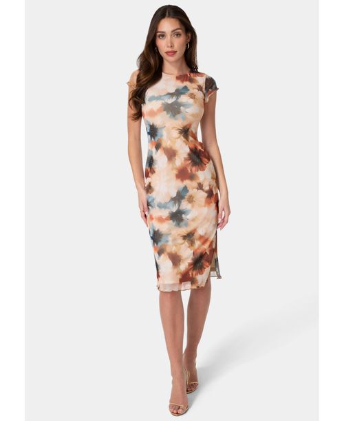 Women's Printed Powermesh Maxi T-Shirt Dress - Blue tan