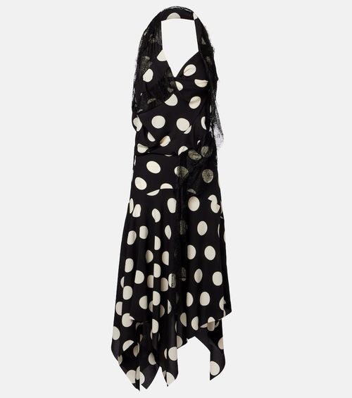 Lace-trimmed polka-dot midi dress