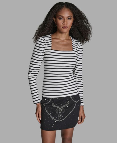 Women's Stripe Square Neck Long-Sleeve Top - White/black Stripe