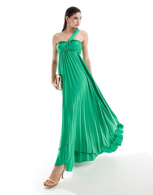 One shoulder pleated maxi dress in green