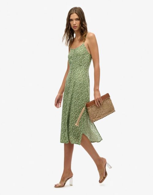 Printed button-up cami midi dress in green ditsy