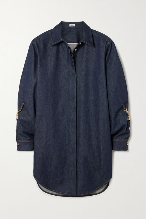 Oversized Chain-embellished Denim Mini Shirt Dress - Blue