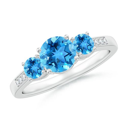 Angara 0.95 Carat Three Stone Round Swiss Blue Topaz Ring with Diamond Accents in Platinum