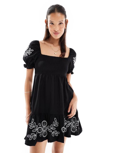 Miss Selfridge embroidered puff sleeve mini dress in black with white embroidery-Multi