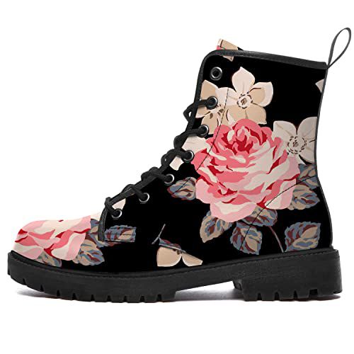 Rose Boots for Women Floral Combat Boots PU Leather Lace-up Ankle Booties Gifts for Her Mom Wife Pink 9.5