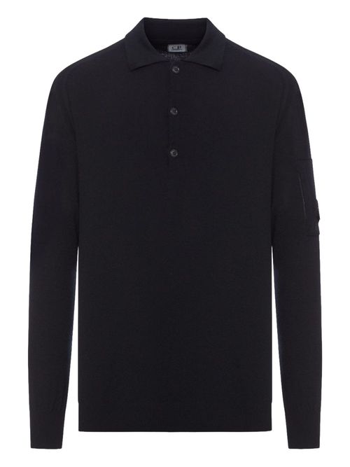 C. P. COMPANY Polo Sweater in Extrafine Merino Wool with Lens on the Left Sleeve