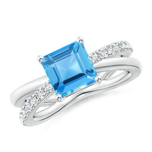 Angara 2.2 Carats Square Swiss Blue Topaz Crossover Shank Ring with Diamonds in Platinum