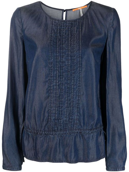 Denim ruffle-hem long-sleeve top - Blue