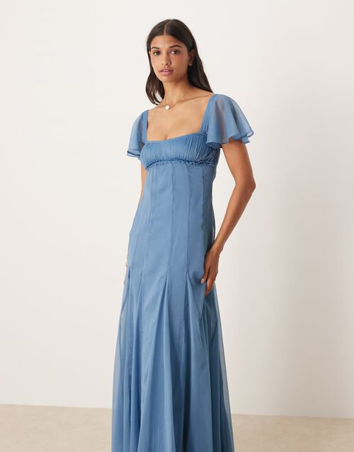 Ruched bust flutter sleeve midaxi dress with godets in slate blue