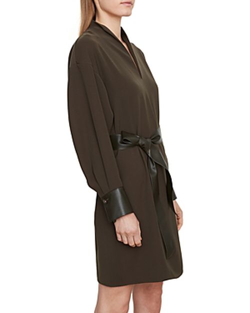 Leather Trim Belted Shirt Dress
