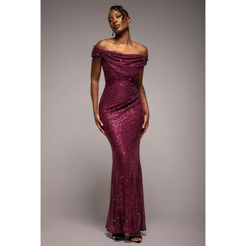 Goddiva Cap Sleeve Iridescent Sequin Cowl Maxi Dress - Burgundy Red