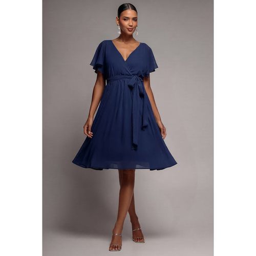 Goddiva Sustainable Flutter Sleeve Chiffon Wrap Midi Dress - Navy