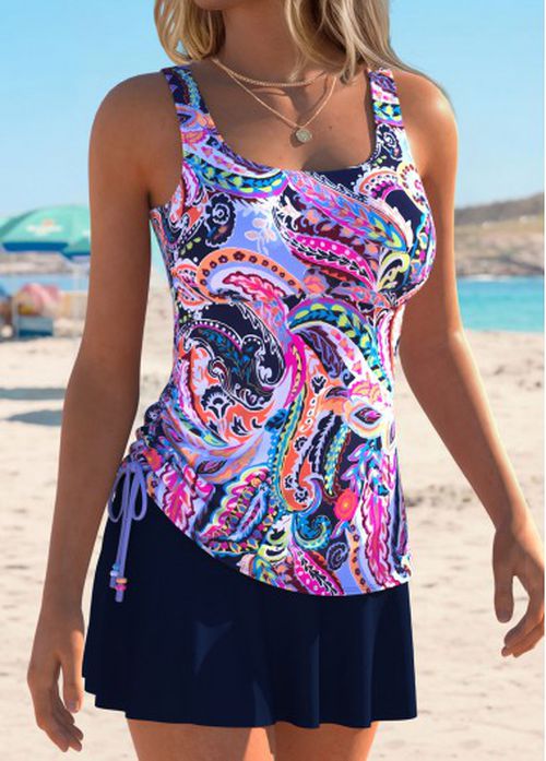 Modlily Multi Color Mid Waisted Drawstring Paisley Print Tankini Set