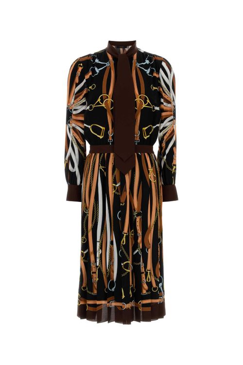 Equestrian-Print Silk Dress — Black