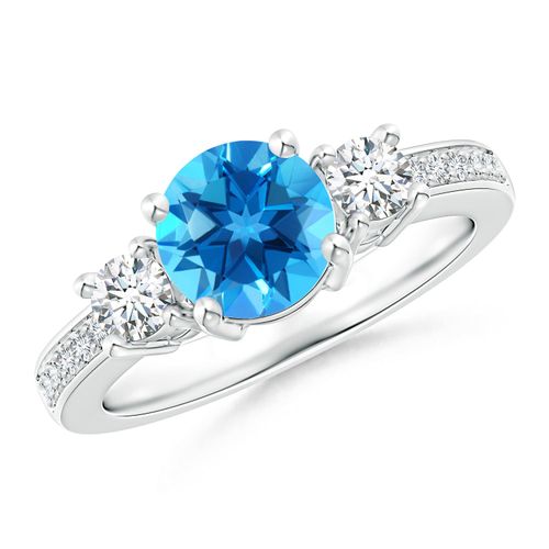 Angara 1.55 Carats Classic Three Stone Round Swiss Blue Topaz and Diamond Engagement Ring in Platinum