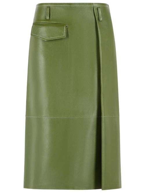 Midi Skirt In Green Nappa Leather With Asymmetric Pocket